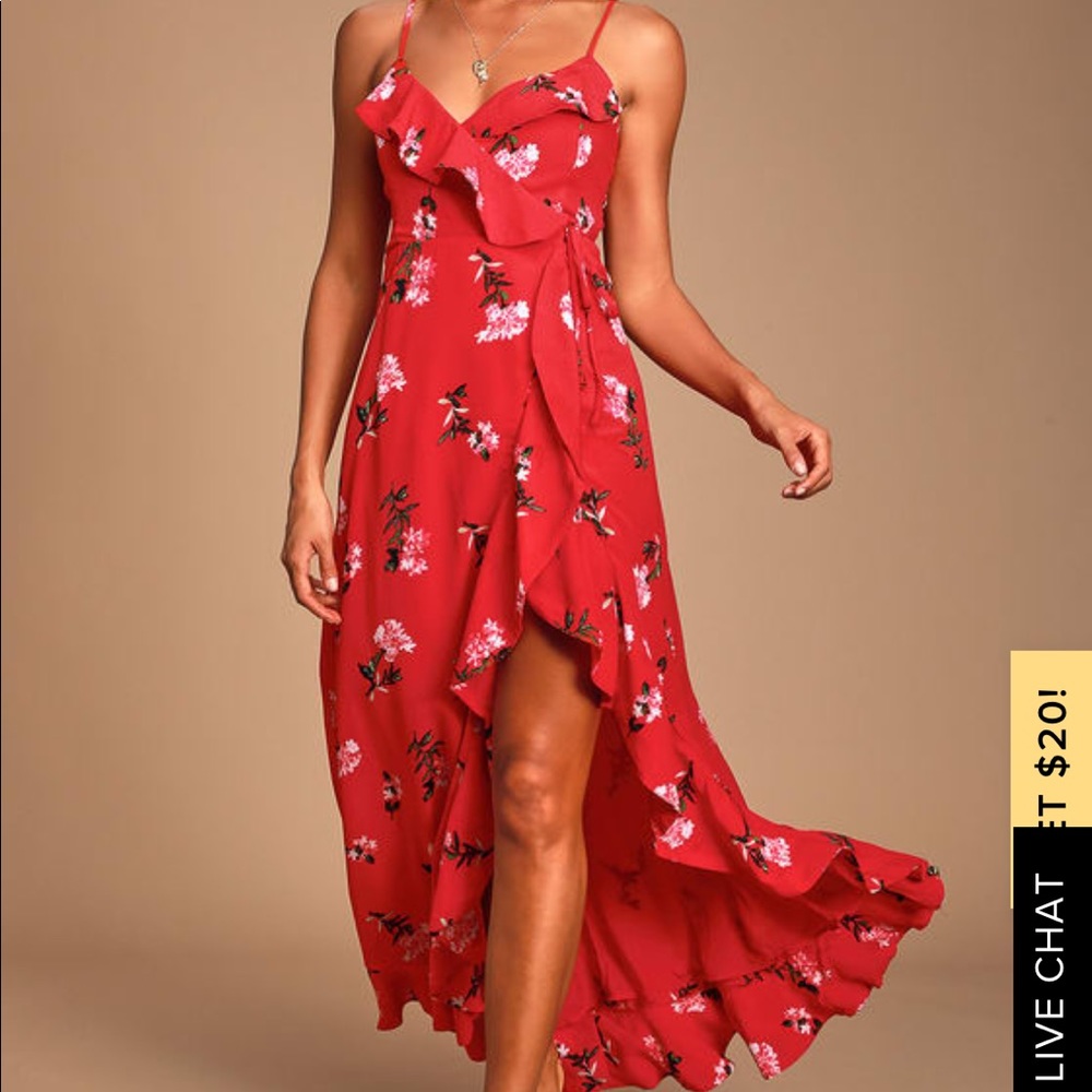 Lulus Red Floral Wrap Dress